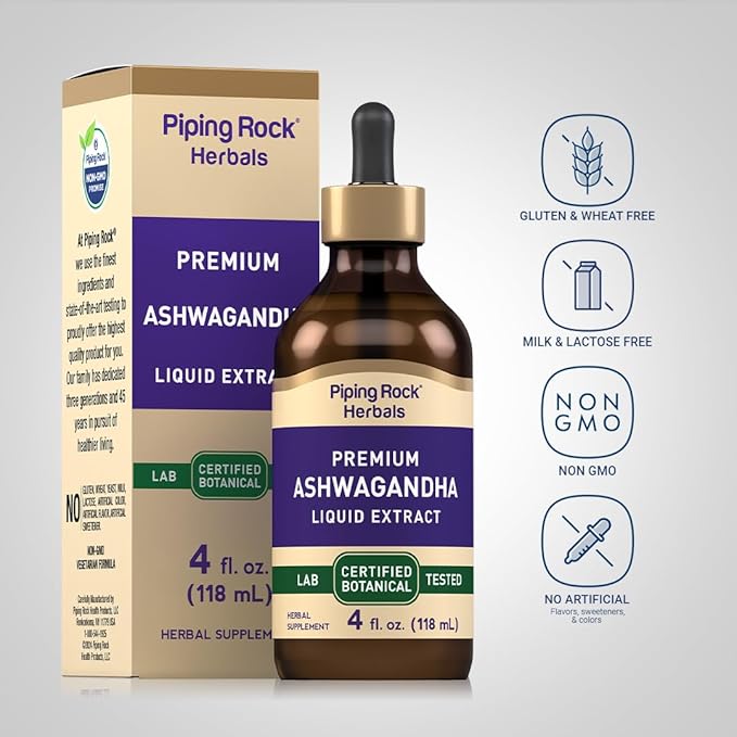 Piping Rock Ashwagandha Liquid Drops | 4 fl oz | Premium Herbal Root Extract | Alcohol Free Tincture | Vegetarian, Non-GMO, Gluten Free Supplement