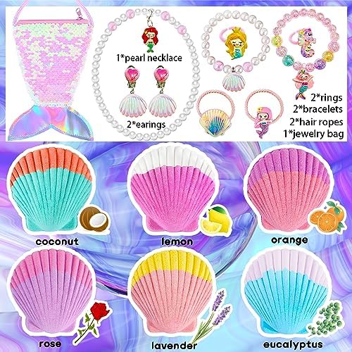Mermaid Bath Bombs for Girls Kids with Surprise Inside 6+10 PCS Mermaid Gifts for Girls Toys 4 5 6 7 8 Year Old Birthday Easter Basket Sutffer Princess Jewelry Natural Organic Bubble Bath Bomb Set