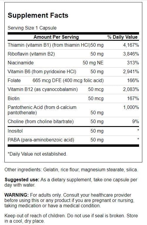 Swanson B-50 B-Complex - B Vitamin Complex with High Potency & Bioavailability - Promotes Immune System Support, Aids Heart Health, & Supports Healthy Nervous System - (250 Capsules)