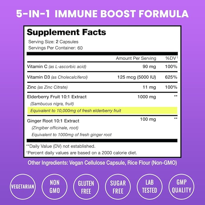 NutraChamps Elderberry Extract 120 Capsules, 10,000mg Sambucus Elderberry with Zinc and Vitamin C for Adults + Vitamin D3 5000 IU & Ginger, 5-in-1 Antioxidant Immune Support Supplement