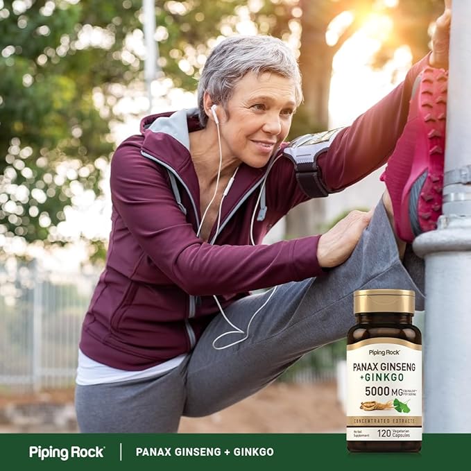 Piping Rock Panax Ginseng Capsules | 5000 mg | 120 Count | with Ginkgo Biloba | Vegetarian, Non-GMO, and Gluten Free Supplement