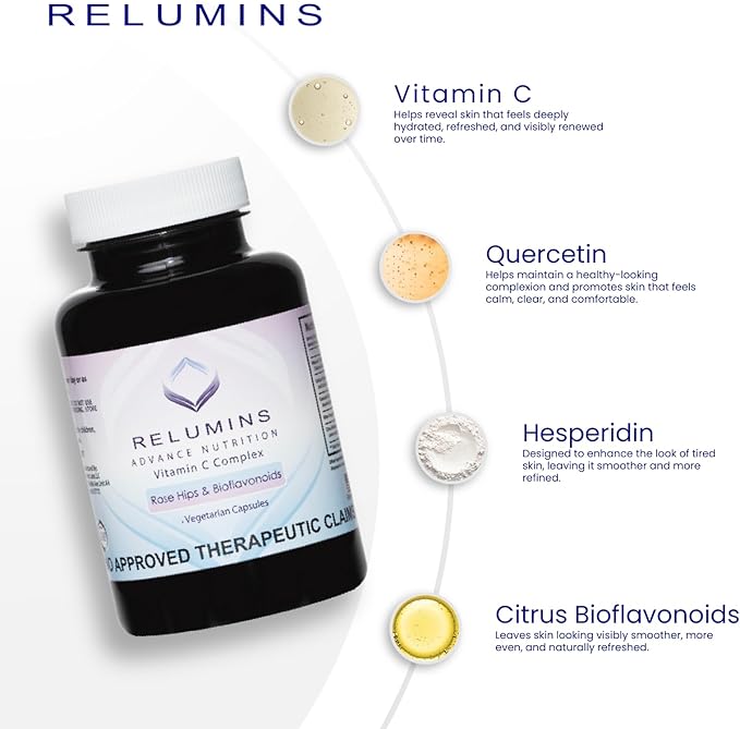 Relumins Skin & Immune Booster Vita Bundle – Advanced Vitamin C 1000mg with Rose HIPS (180 Capsules) + Max Strength Glutathione Booster (30 Veg Capsules) – Antioxidant & Skin Support, Halal Certified