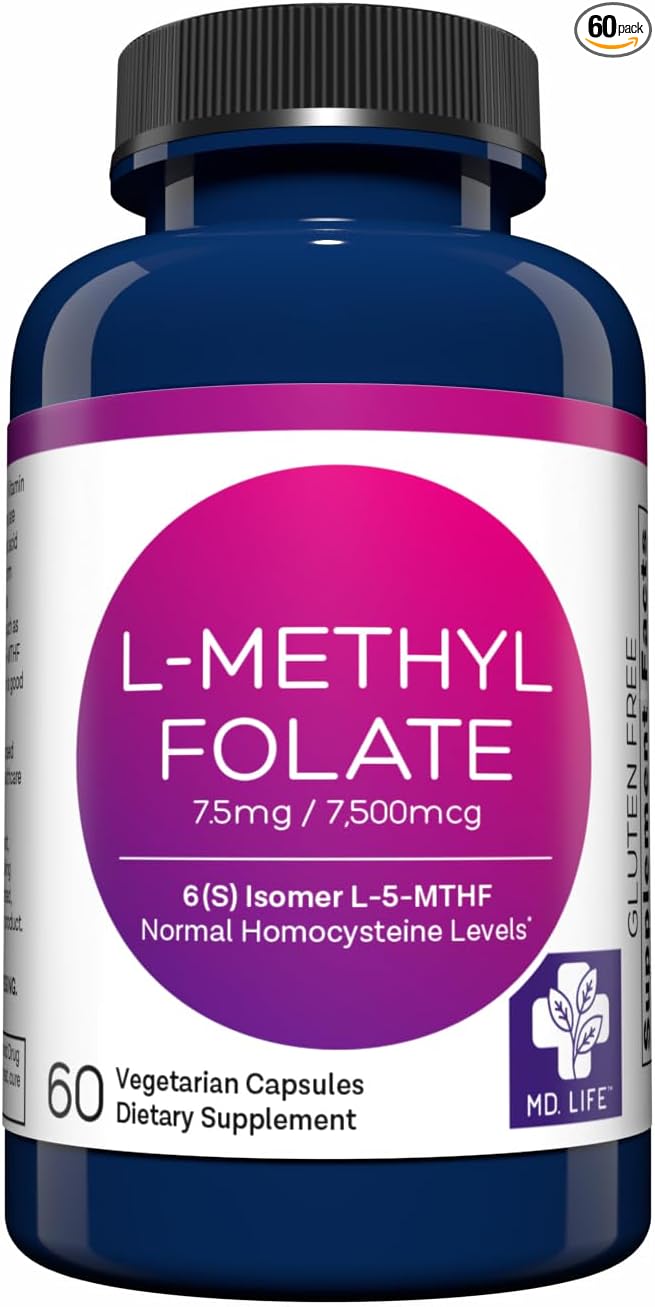 MD Life L-Methylfolate 7.5mg - Professional-Grade Active Methylfolate Supplement - Maximum Potency MTHFR Supplements - L-methylfolate 7.5 mg 60 Capsules - Essential Amino Acids