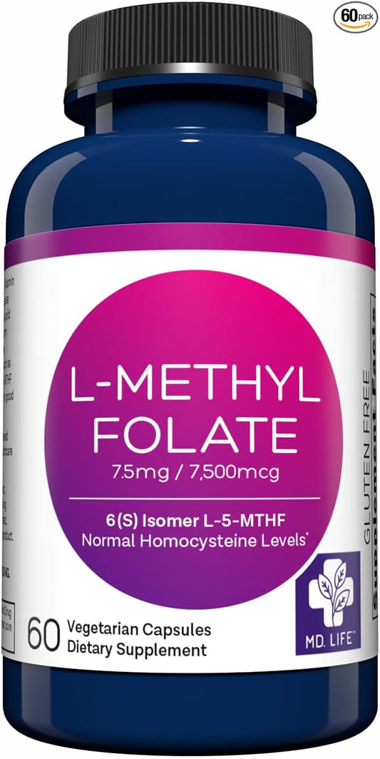 MD Life L-Methylfolate 7.5mg - Professional-Grade Active Methylfolate Supplement - Maximum Potency MTHFR Supplements - L-methylfolate 7.5 mg 60 Capsules - Essential Amino Acids