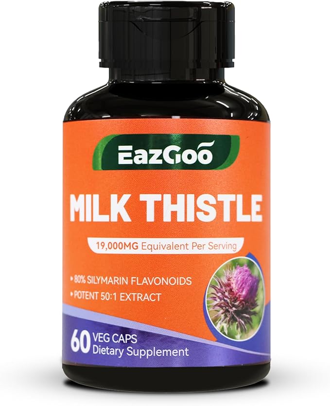 Milk Thistle Capsules 19000mg Equivalent, 50X Concentrated Seed Extract & 80% Silymarin Standardized, Liver Support Supplement, Vegan, Non-GMO, 60 Capsules