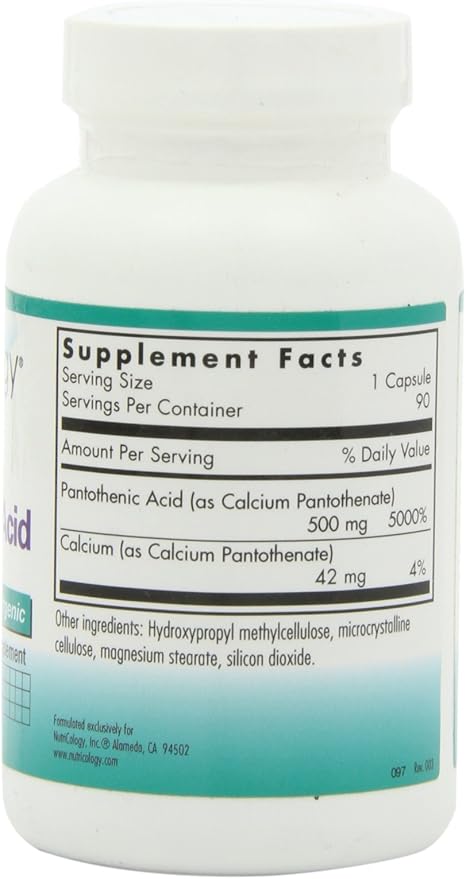 Nutricology Pantothenic Acid - Vitamin B5 for Men & Women, Calcium, 500mg Supplement, Pure, Organic, Vegetarian Capsules - 90 Count
