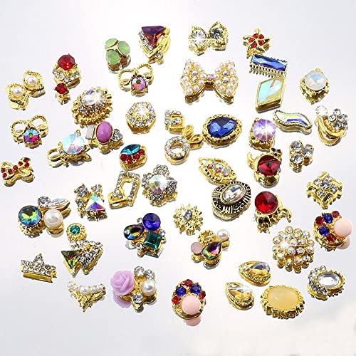 50pcs 3D Gold Nail Charms for Acrylic Nails Mix Styles Rhinestones for Nails Metal Nail Jewels for Nail Art Shiny Zircon Nail Rhinestones Alloy Nail Charm Pearl Nail Gems Cute Charms for Nails Design