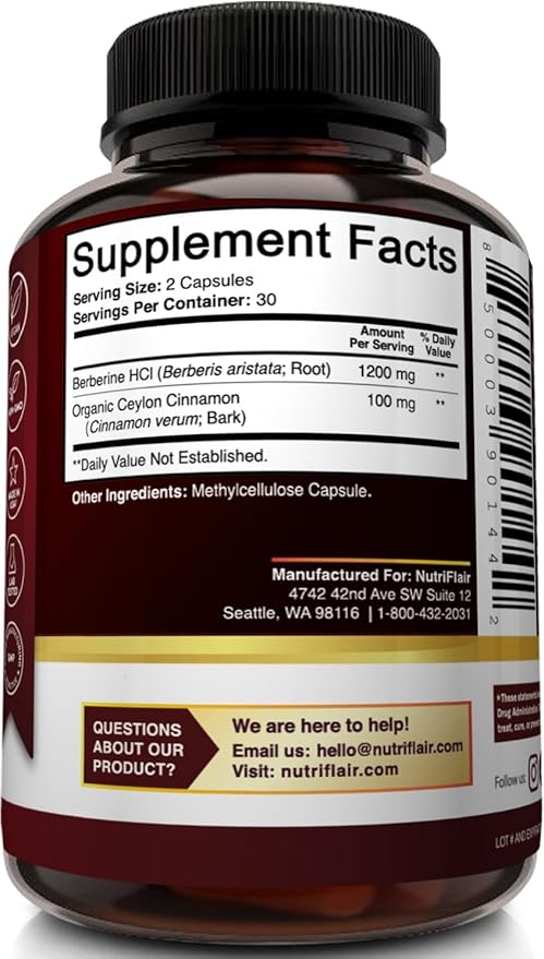 NutriFlair Premium Berberine HCL 1200mg, 60 Capsules - Plus Pure True Ceylon Cinnamon, Berberine HCI Root Supplements Pills - Immune System - yields an Optimal 8% Berberine