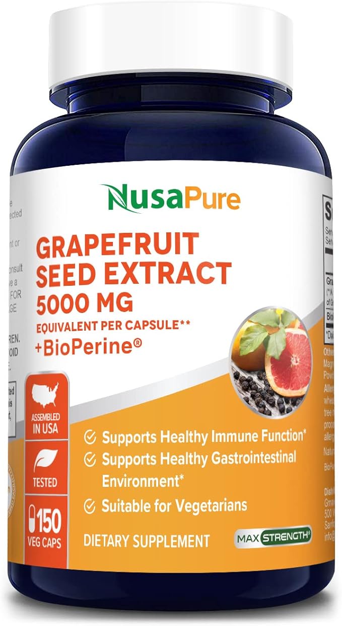 NusaPure Grapefruit Extract 5,000 mg per Capsule (Extract 10:1) Bioperine 150 Veggie caps (Vegan, Gluten Free, Non-GMO)