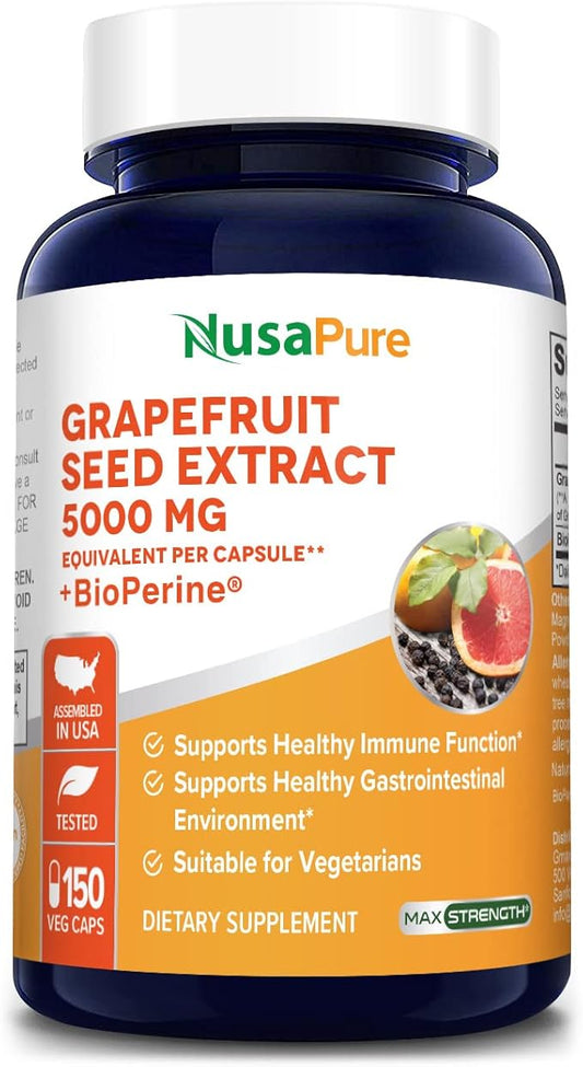 NusaPure Grapefruit Extract 5,000 mg per Capsule (Extract 10:1) Bioperine 150 Veggie caps (Vegan, Gluten Free, Non-GMO)