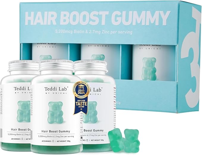Unichi Hair Growth Gummies 3-Pack, 5200mcg Biotin Formulated with Zinc, Pantothenic Acid and Vitamin A, C, E for Stronger and Thicker Hair for Women, (180 Count)