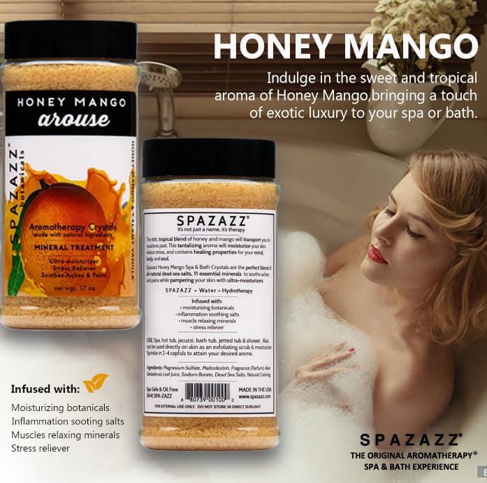 Spazazz Hot Tub Aromatherapy Bath Salt Crystals 3-Pack Bundle - Eucalyptus Mint Stimulate - Tropical Rain Revitalize - Honey Mango Arouse - Botanicals Collection Scents for Relaxing in Spas (17 oz)