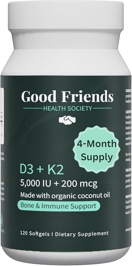 Vitamin D3 5000 IU + Vitamin K2 200 mcg - 4 Month Supply - High Potency Bone & Immune Support - Organic Coconut Oil, No Seed Oils, Non-GMO, 120 Vegetable Softgels