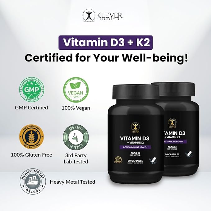 Klever Lifestyle | Vitamin D3 & K2 | Supplement for Bone, Joint & Immune Health, Mood Support, Antioxidant, Strong Bones | 60 Capsules | 5000 UI per Serving