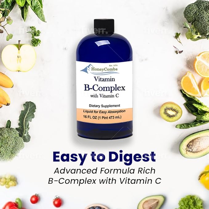 HoneyCombs Vitamin B Complex Drops – Liquid Supplement with Vitamin B1, B2, B3, B5, B6, B7, B9, B12 & Vitamin C – Super B Complex Vitamins – Alcohol-Free Liquid Vitamin Supplement, 16 Fl Oz.