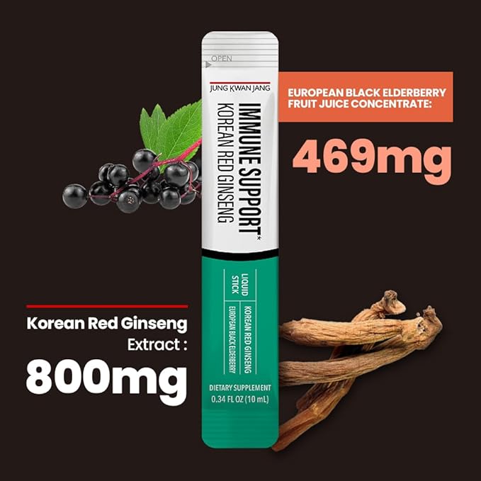 JungKwanJang Korean Red Panax Ginseng (800mg) and Elderberry (469mg) Immune Support Everytime Extract Sticks, Antioxidant Supplement for Immunity and Daily Wellness, 10 Count