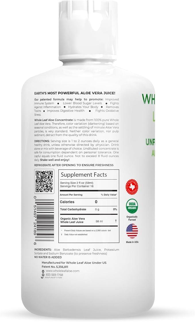 Whole Leaf Aloe Vera Juice - Potent, Unflavored, for Digestive Health, Skin Care and Hydration, Highest Acemannan Concentration, No Water Added, Patented Formula, Ideal for Daily Use