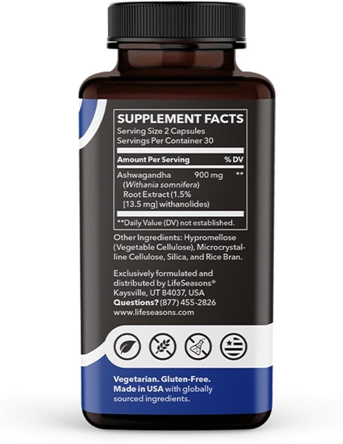 LifeSeasons Essentials Ashwagandha - Stress & Sleep Support Supplement - Calm & Focused Mind - Improves Athletic Performance & Brain Function - 900mg per 2 Capsules - 60 Capsules
