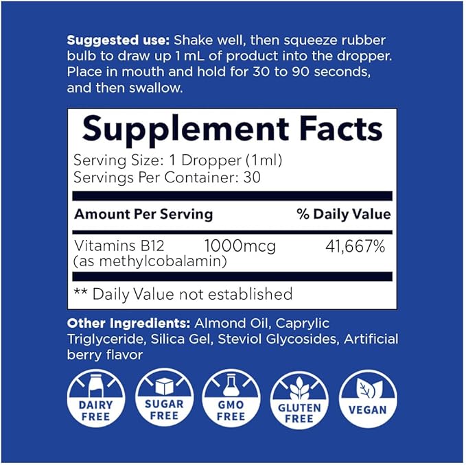 NANO METHYL B-12, 1000MCG Methylcobalamin, nanosized liquid drops for INSTANT ABSORPTION, East to Use. Delicious Berry Flavor.