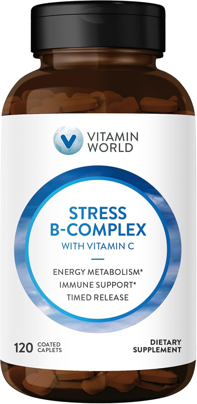 Vitamin World Stress Vitamin B Complex with Vitamin C, Timed Release High-Potency Vitamin B6, B12, Niacin, Folate & Biotin for Stress, Energy, Metabolism & Immune Support, Non-GMO, 120 Caplets