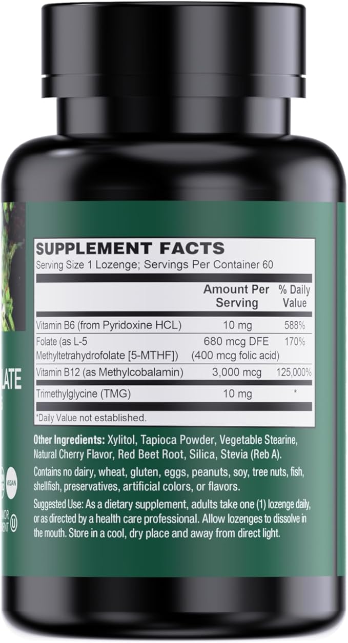 PlantFusion Methylated Vitamin B Complex – Vegan B12 3000mcg, Vegan Methylfolate (5-MTHF) 400mcg, B6 & TMG – Cherry-Flavored Lozenges – 60 Count