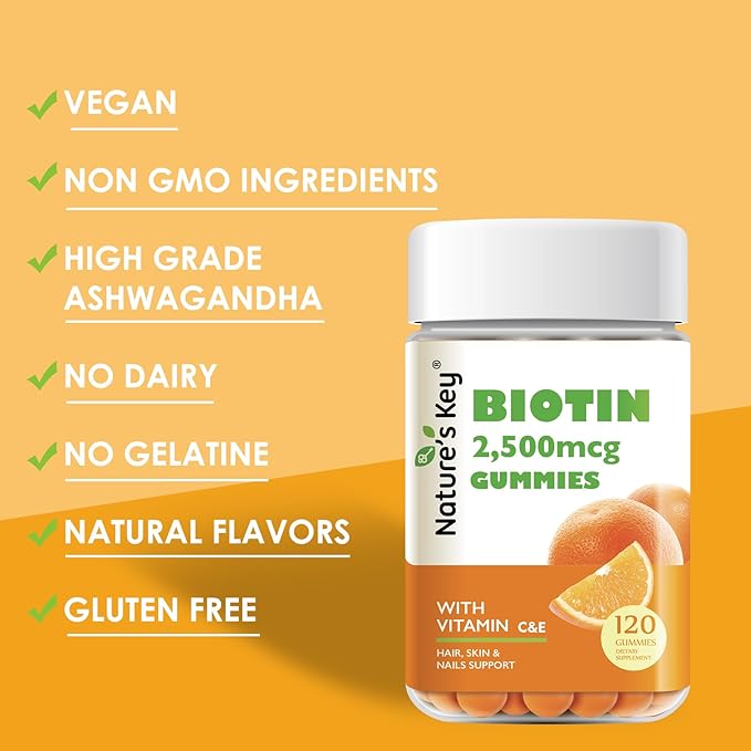 Nature's Key Biotin Gummies with Vitamin C and E, Support Hair Nails Growth & Beautiful Skin for Women Men and Kids, Vegan, Orange Flavors, 120 Count