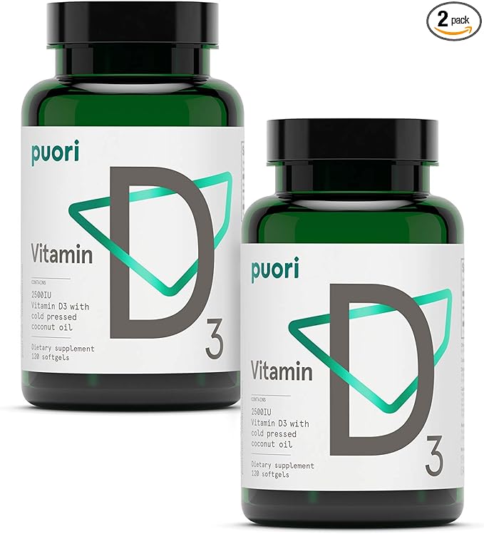 Puori Vitamin D3 with Virgin Coconut Oil - 240 x 2500 IU - for Muscle Function, Bone Health, Immune Support and Calcium Uptake- Non-GMO and Gluten Free - For Adults