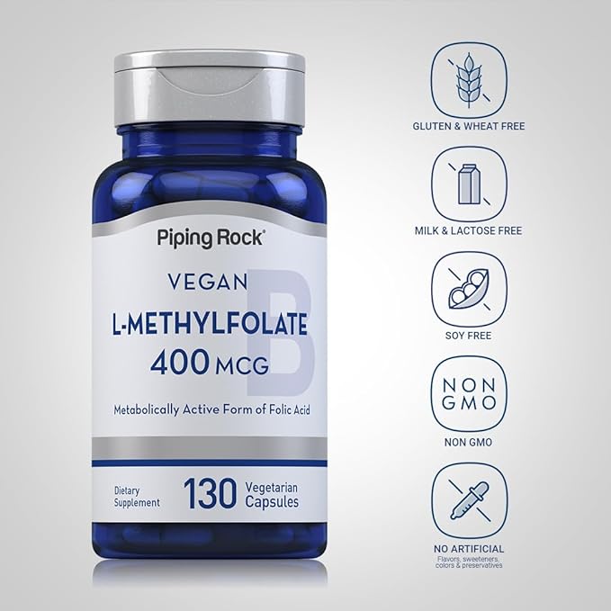 Piping Rock L MethylFolate Supplement | 400 mcg | 130 Capsules | Vegetarian, Vegan | Non-GMO, Gluten Free