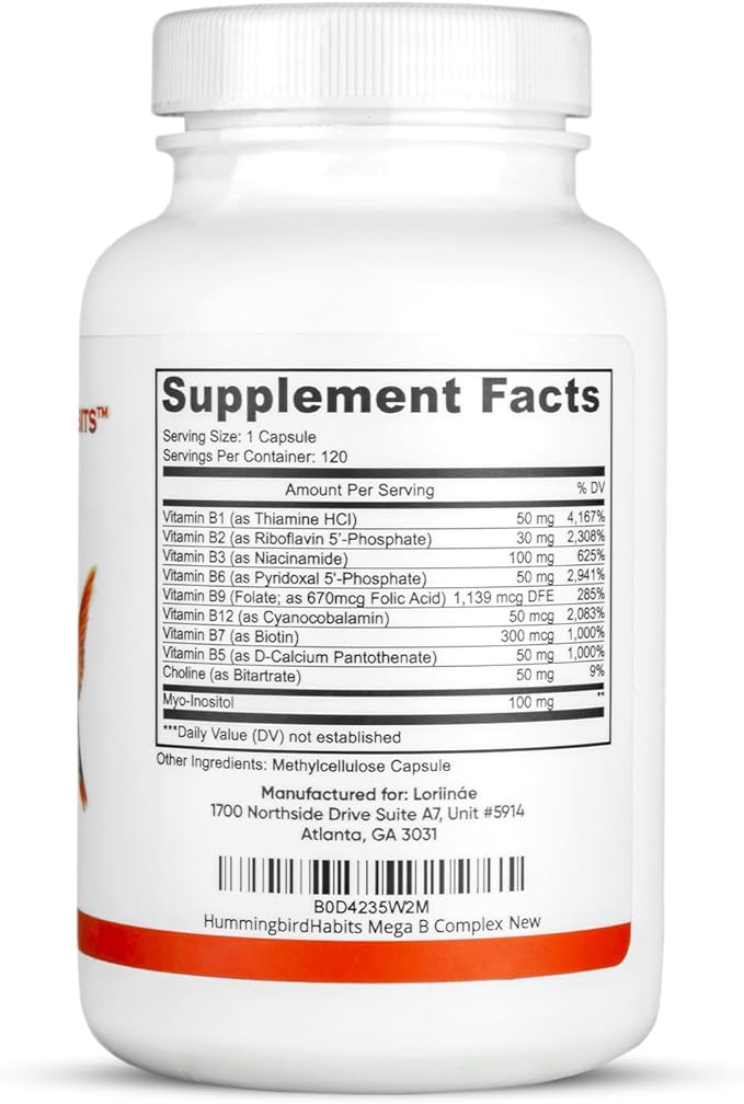 Mega B Complex, B Vitamin Supplement for Immune Support, Nerve Function & Normal Energy Metabolism, Contains Myo-Inositol & Choline for Antioxidant Support, 120 Vegan Capsules