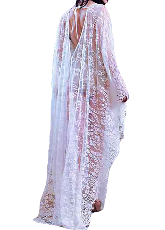 MEILING Women's Lace Kaftan Long Maxi Dress Beachwear Bikini Swimsuit Caftan Cover up Swimwear (White B)