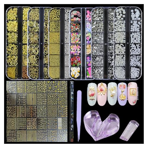 6 Boxs of Nail Charms Rhinestones Kit with 30 Sheets of Nail Art Gold Stickers Gold Sliver Nail Beads Pearls Gems with 1 Heart Nail Embossed Molds, 1 Tweezers and 1 Wax Pen for Nail Supplies