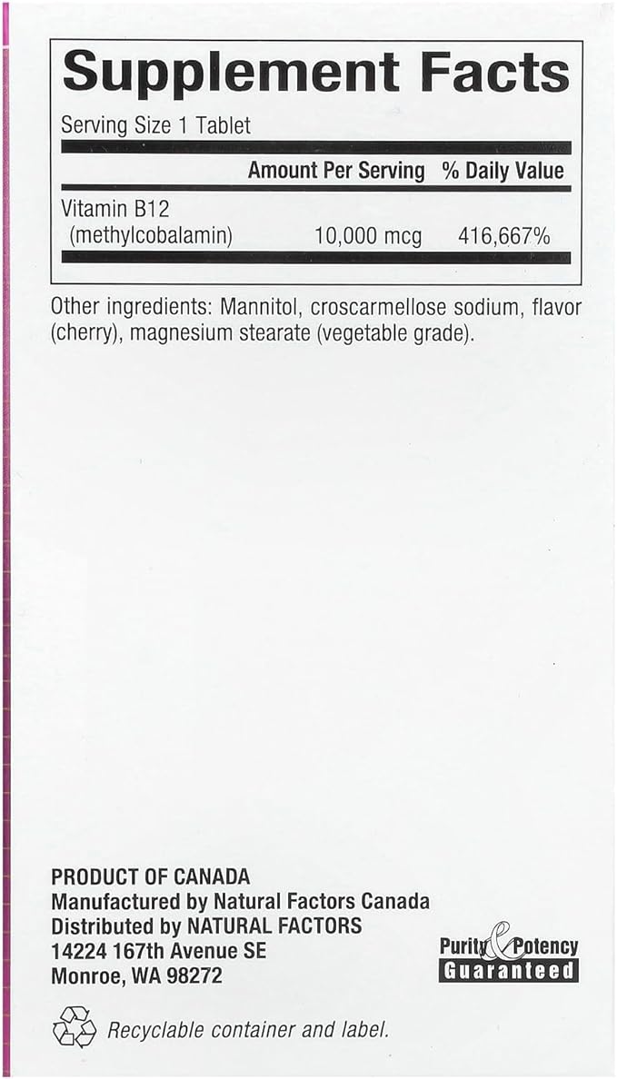 Natural Factors B12 Methylcobalamin, 10,000 mcg, Cherry, 30 Chewable Tablets