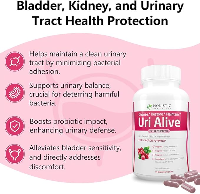 Uri Alive Extra Strength Urinary Support Supplement for Urinary Tract, Bladder, Gut Flora, and Immune System Health (60 Count (Pack of 2))