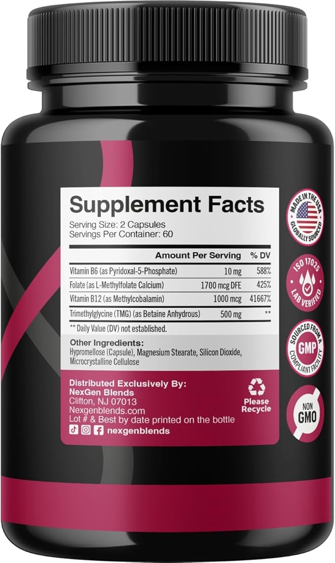 TMG Trimethylglycine Supplement with Methyl B Complex - 500mg Betaine TMG Supplement with Methylated Vitamin B Co Factors for Homocysteine Heart & Liver Support - Vegan & Non-GMO (2 Month Supply)