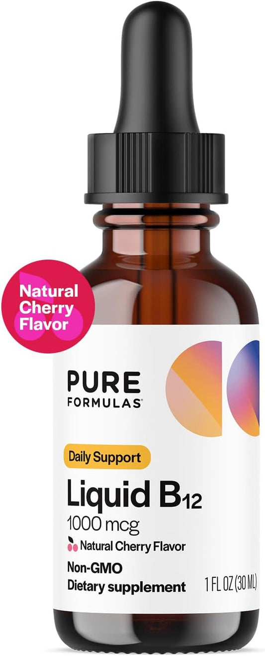 PureFormulas Liquid B12 1000 mcg - Natural Cherry Flavor B12 Sublingual Drops, Potent Daily Support for Energy & Wellness - Non-GMO, Allergen-Free - 1 fl. Oz.