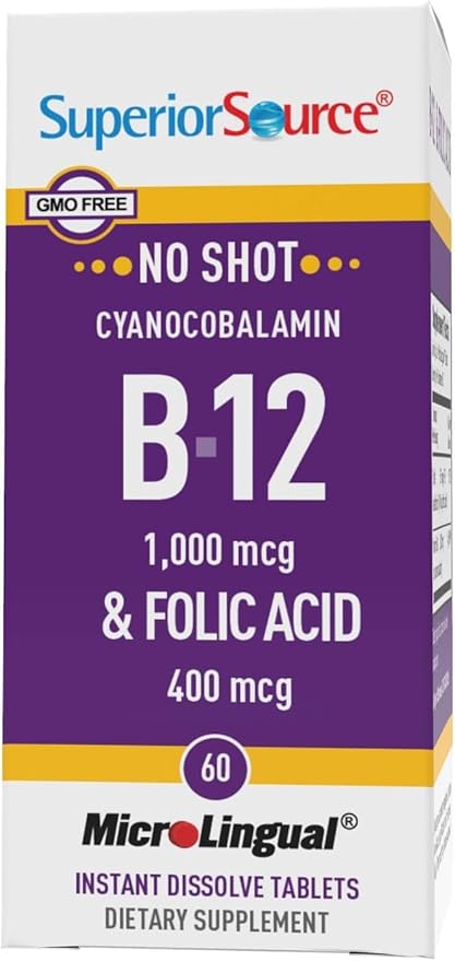 Superior Source No Shot Vitamin B-12 Cyanocobalamin 1000 mcg & Folic Acid 400 mcg - Offers Energy, Heart, Brain, & Stress Support - 60 Sublingual Dissolving Tablets