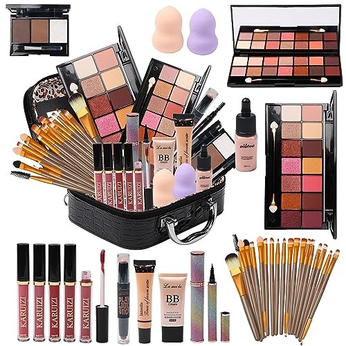 All in One Makeup Kit - 2X14 Eyeshadow Palette, Liquid Foundation, Eyeliner Pencils, Contouring Stick, Lip Gloss, 20Pcs Makeup Brushes (Black)