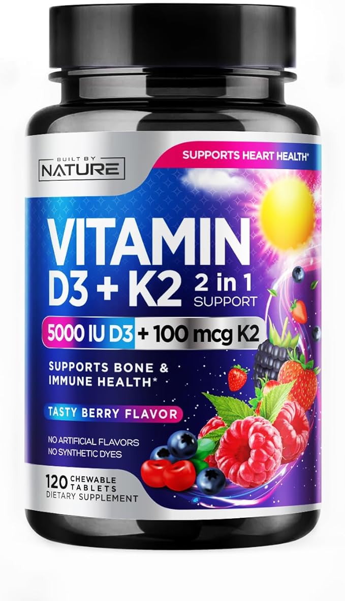 Vitamin D3 K2 – Chewable Vitamin D 5000 IU & K2 MK-7 100 mcg – 2 in 1 Vitamin D K2 Supplement Chews - Immune, Heart, & Bone Support – Non GMO - Tasty Berry Flavor - 120 Chewable Tablets