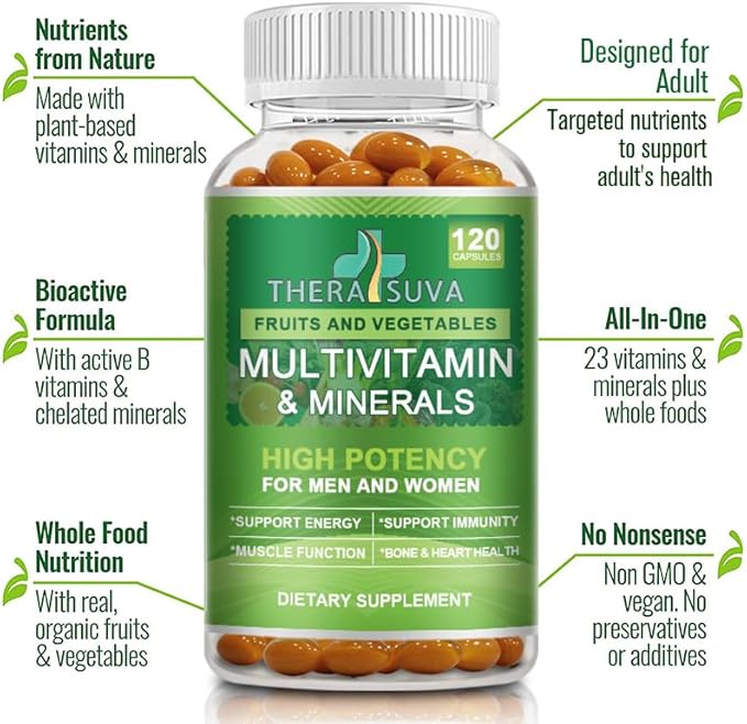 All Natural Multivitamins & Minerals + B Complex + Calcium + Magnesium + Zinc, 100% Vegan Sourced Whole Food Supplement, Complete Nutritional Support for Men & Women- 120 Capsules, 60 Day Supply