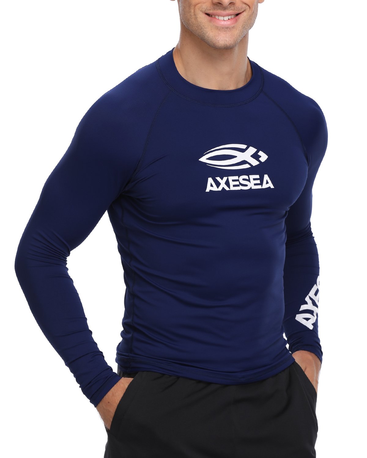 AXESEA Men Long Sleeve Rashguard UPF 50+ Rash Guard Shirt Swimwear Athletic Tops Size S-XXL Blue