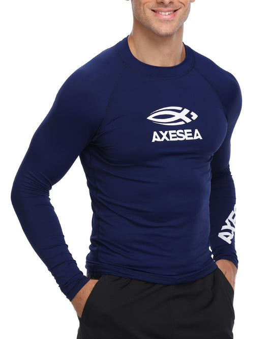 AXESEA Men Long Sleeve Rashguard UPF 50+ Rash Guard Shirt Swimwear Athletic Tops Size S-XXL Blue