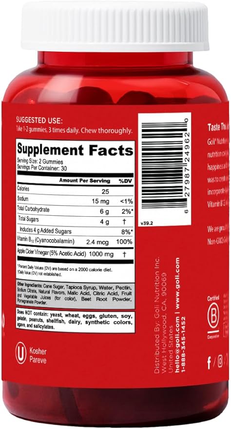 Goli Apple Cider Vinegar Gummy Vitamins - 60 Count - Vitamin B12, Gelatin-Free, Gluten-Free, Vegan & Non-GMO