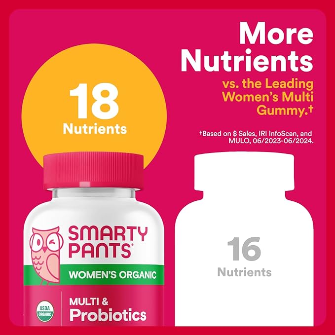 SmartyPants Organic Women's Multivitamin Gummies: Biotin, Probiotics, Methylfolate, Omega 3 (ALA), Vitamin D3, C, Vitamin B12, B6, A, K & Zinc, Inositol, Gluten Free, 120 Count (30 Day Supply)