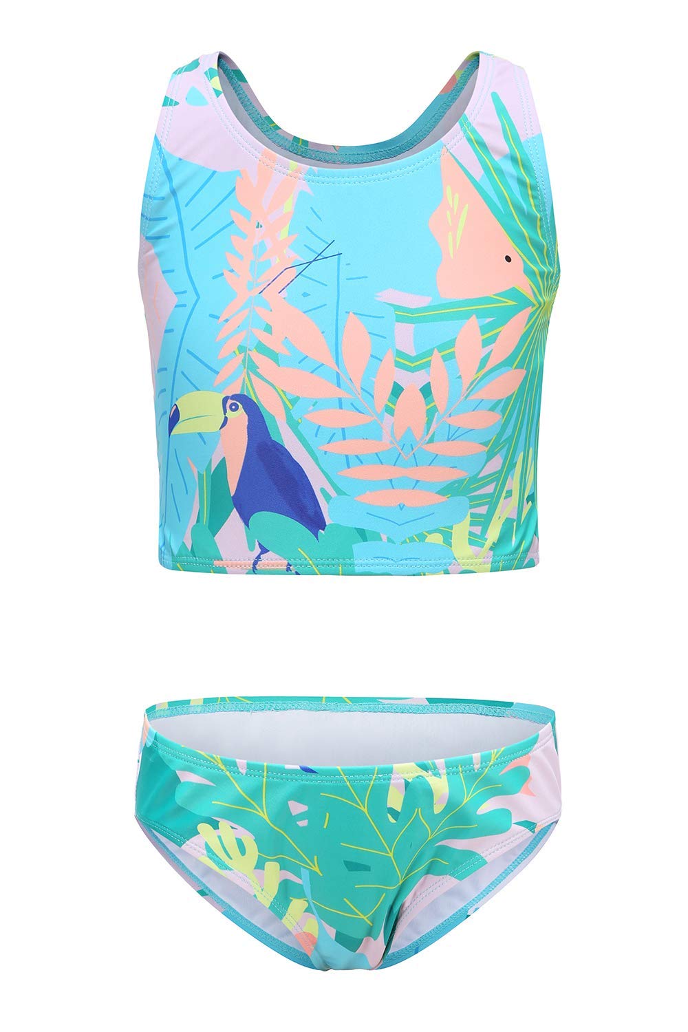 Girls Two Piece Tankini Swimsuits Hawaiian Floral Bathing Suit Kids Atheltic Swimwear Set with Tank Top Parrot Size 8/7-8