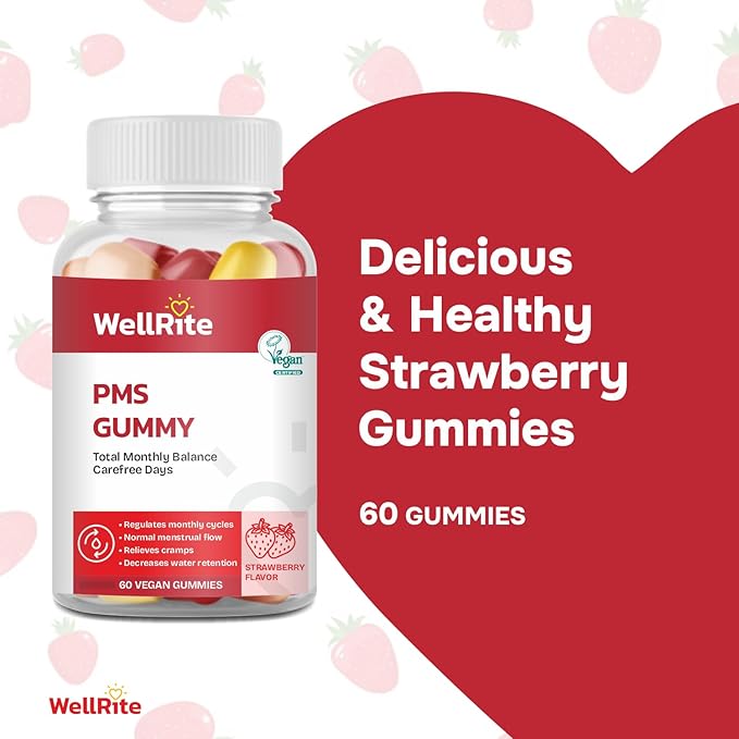 PMS Gummy Vitamins That Provides Total Monthly Balance & Carefree Days, 60 Count, Strawberry Flavored, Vegan, Gelatin Free, Gluten Free, Nut Free, Relieves Cramps, Normal Menstrual Flow