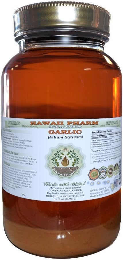 Garlic Alcohol-Free Liquid Extract, Organic Garlic (Allium sativum) Dried Powder Glycerite Hawaii Pharm Natural Herbal Supplement 32 oz Unfiltered
