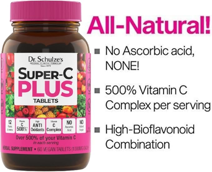 Dr. Schulze's | Super-C Plus | Vitamin C Complex | Clinical Herbal Formula | Dietary Supplement | Immunity Support | Increase Collagen Formation & Iron Absorption | 60 Chewable Tablets (1000 mg)