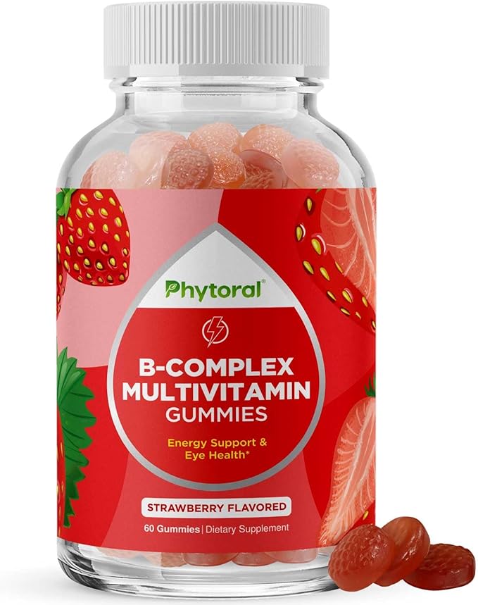 Vitamin B Complex Gummies for Adults & Kids - B Vitamins Complex with Thiamin, Riboflavin, Niacin, 6, 12 and Folate - Blend Supplement for Nervous System Support, Energy & High Strength - 60 Gummies