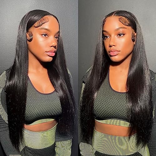 Flady 28 inch Straight HD Lace Front Wigs Human Hair Pre Plucked 180 Density 13x4 Glueless Bone Straight Human Hair Wigs For Black Women Transparent Lace Frontal Wig With Baby Hair