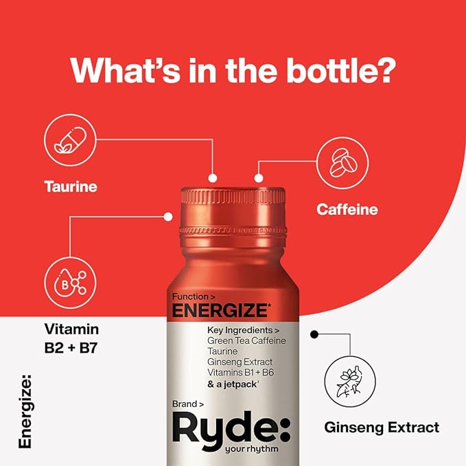 Ryde: Energize Shot | Tropical Flavor | Green Tea Caffeine, Taurine, Ginseng Extract & B Vitamins | 0 Calories, 0 Sugar | 2 FL OZ Shots | Boosts energy* (8 Pack)